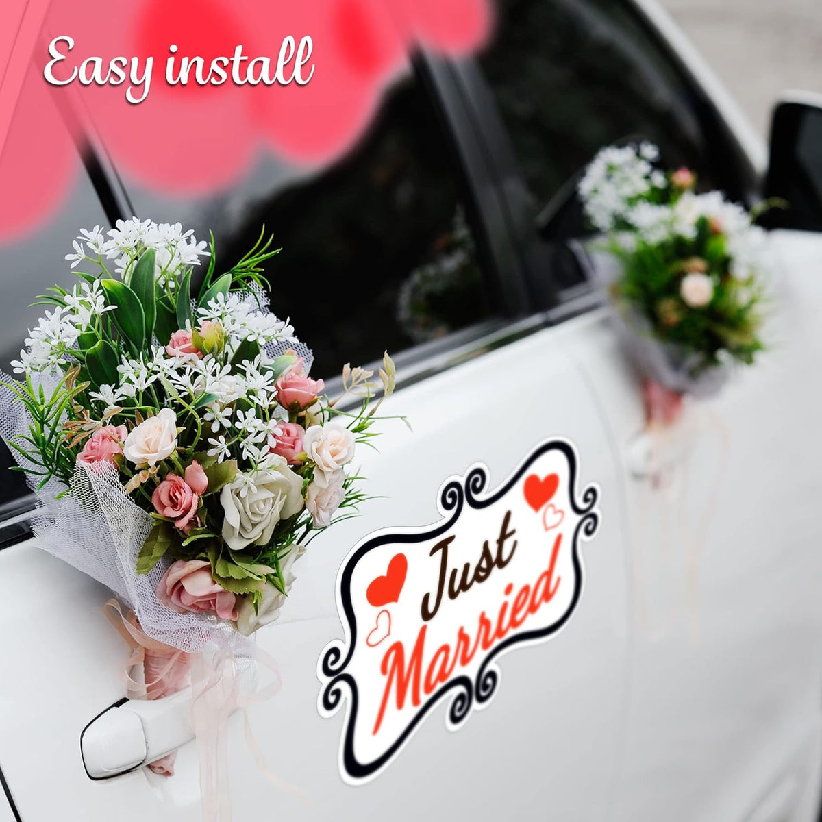 Just Married Car Decorations, 12x8 Magnet Decals for Vehicles, 2 Pack Wedding Car Decor, Removable