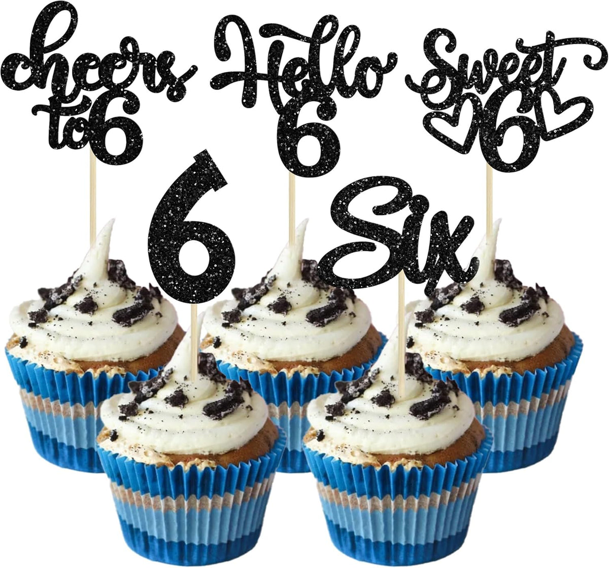 30Pcs 6th Birthday Cupcake Toppers Glitter Six Hello 6 Cupcake Picks Cheers to 6 Years Old Cake