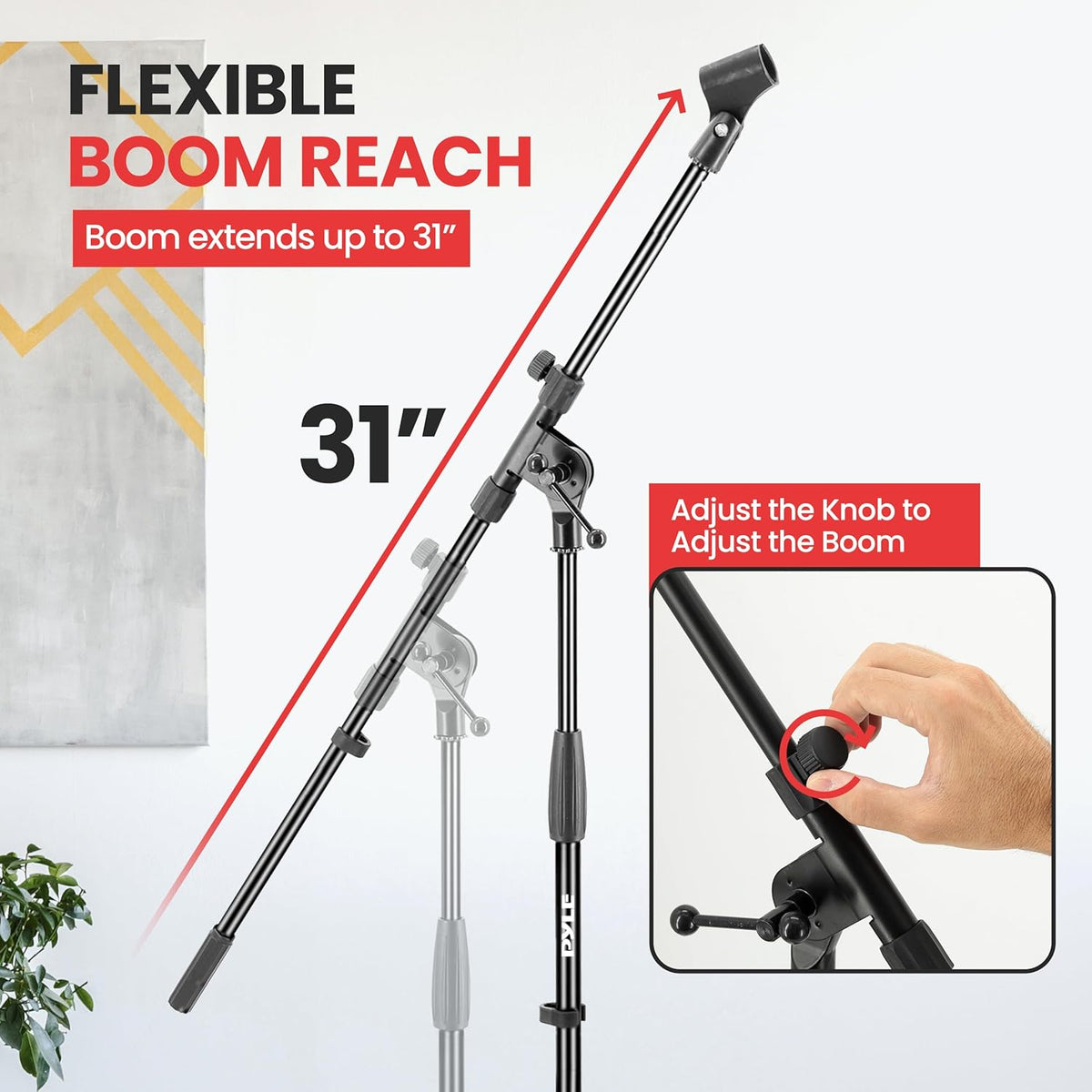 Pyle Universal Tripod Microphone Stand - Knob Boom Extends Up to 31'', Strong and Lightweight