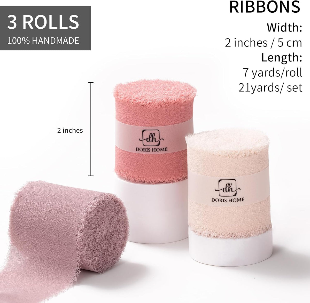 DORIS HOME 2" x21Yd Chiffon Ribbon for Flower Bouquet, Pink & Dusty Rose Fabric Ribbon for Gift
