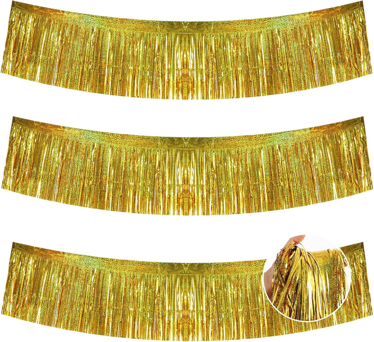 BEISHIDA 3 Packs 30 Feet Metallic Foil Fringe Garland Tinsel Streamers，Laser Gold Wall Hanging