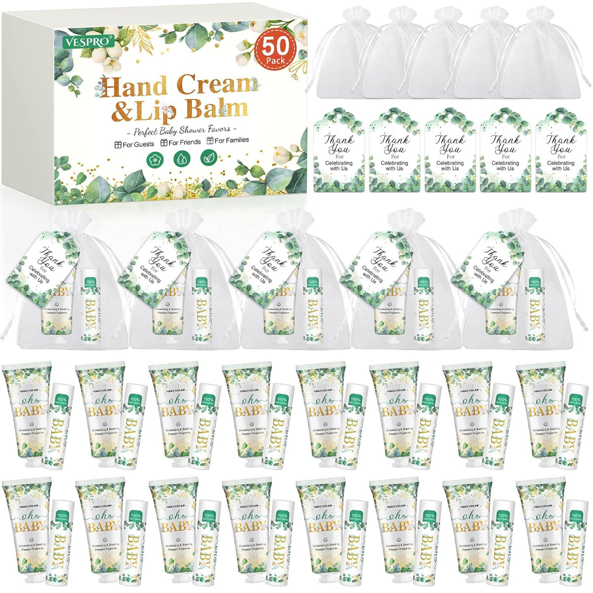 VESPRO 50 Pack Hand Cream Bulk and Lip Balm Bulk Gifts Sets, Baby Shower Favors and Bridal Shower