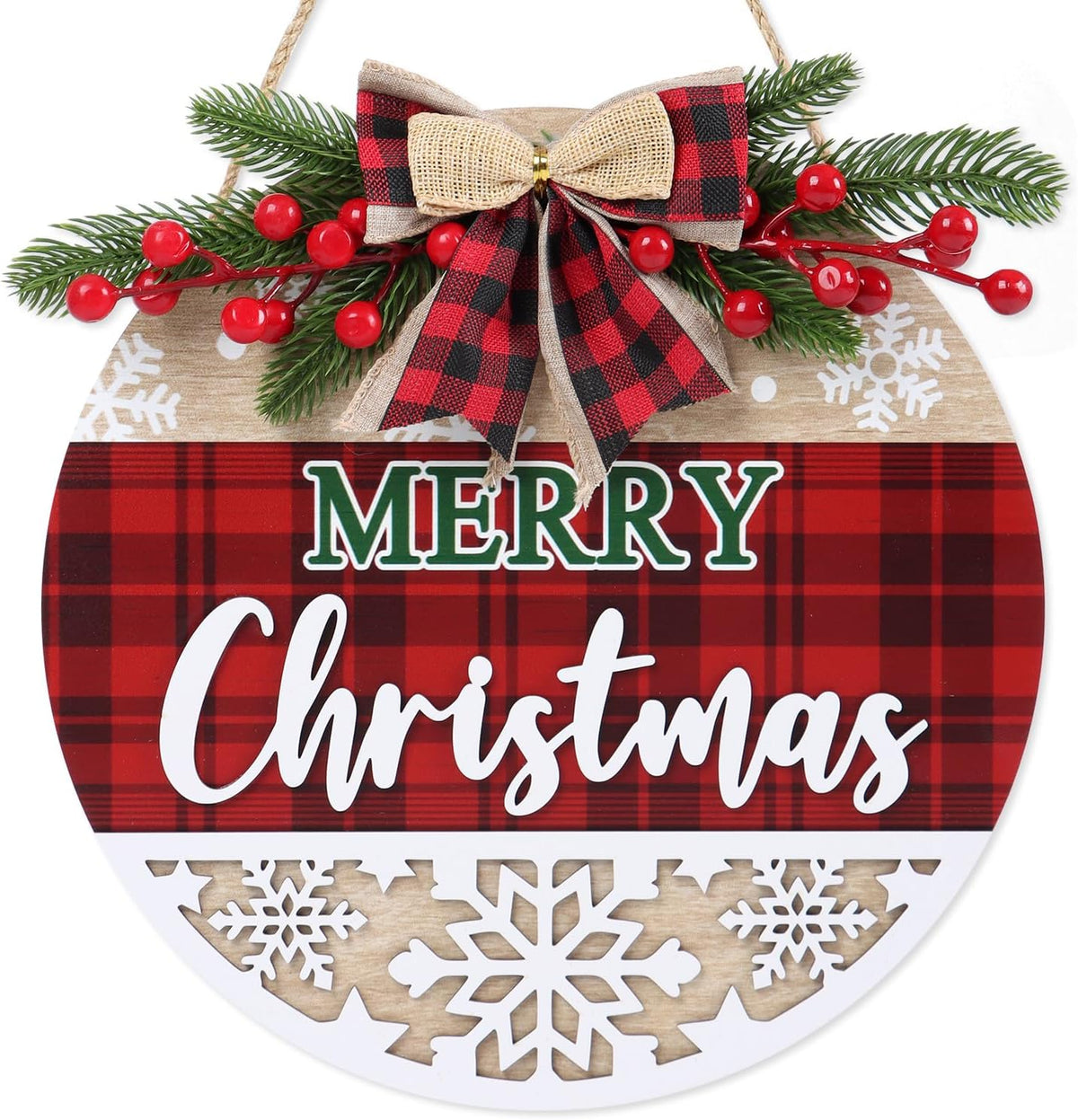 CHDITB 3D Merry Christmas Front Door Sign Wreath(11.4”), Red Black Bufflao Plaid Christmas