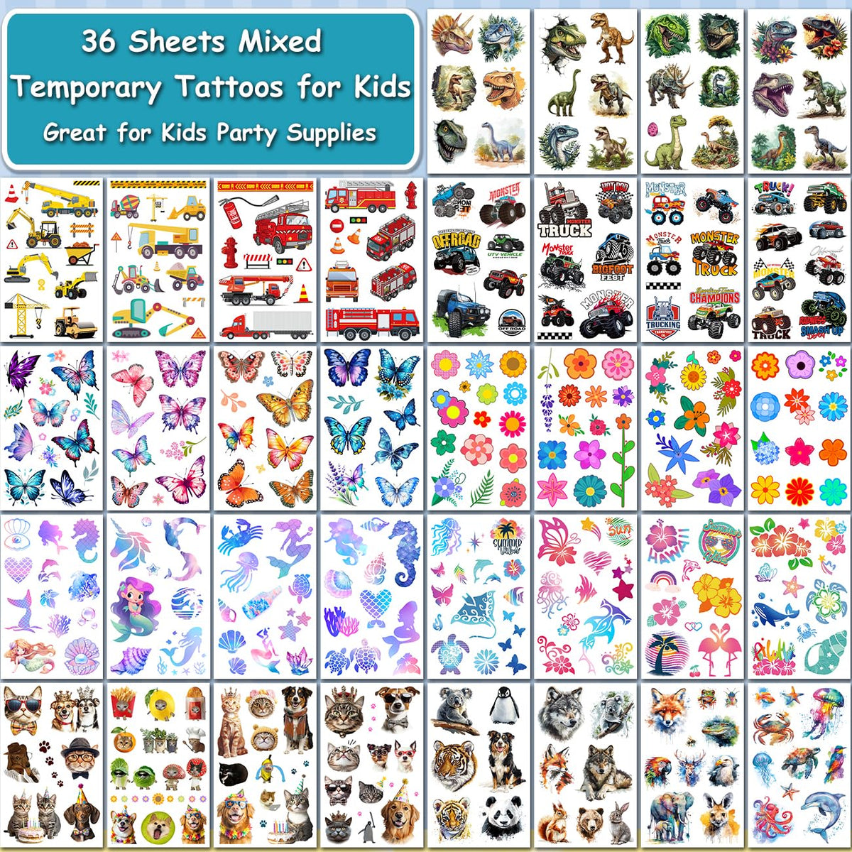 Temporary Tattoos for Kids - 320 Mixed Styles (36 Sheets) Tattoo Stickers Set for Boys and Girls