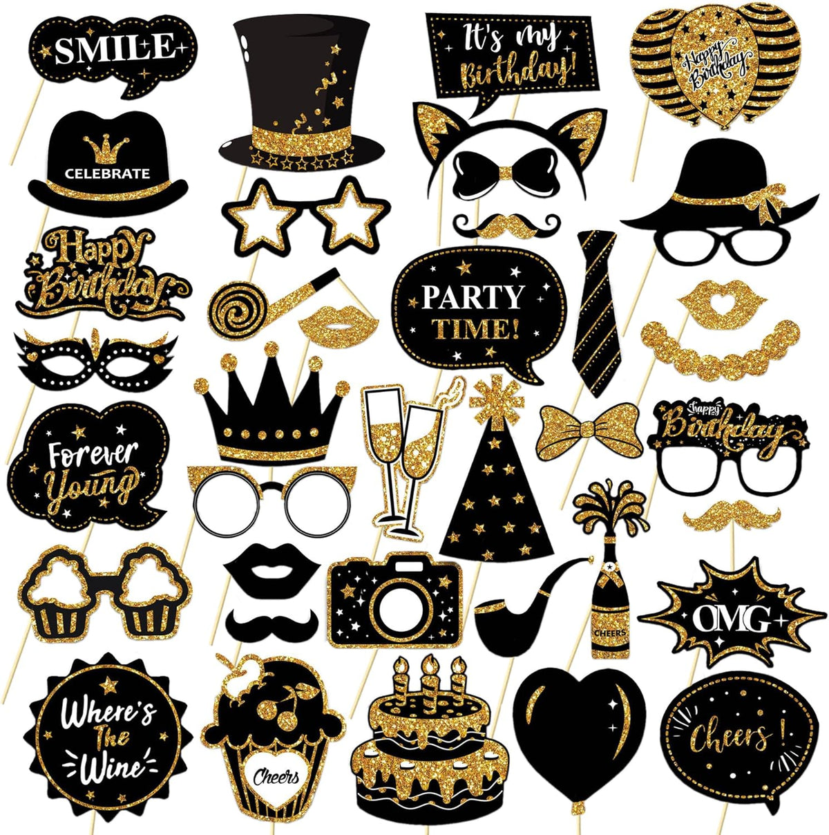 Birthday Photo Booth Props Kit - 38Pcs Funny Pose Signs, Selfie Photobooth Decor for Birthday