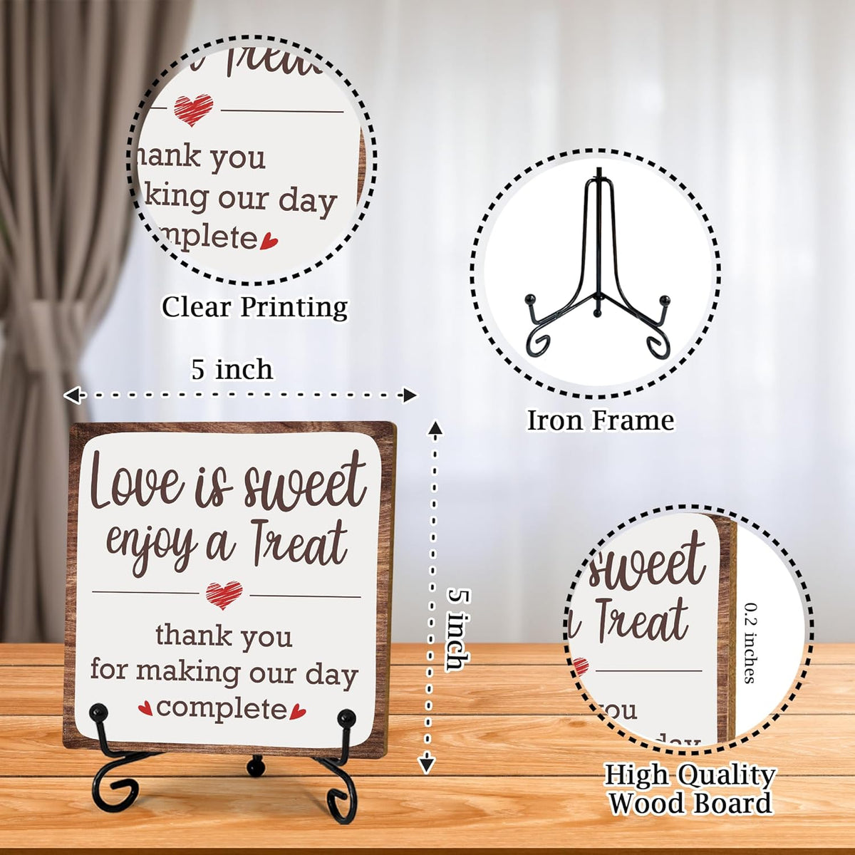 5“ Romantic Decor Plaque, Love Is Sweet Enjoy A Treat Table Sign With 1 Iron Support For Wedding