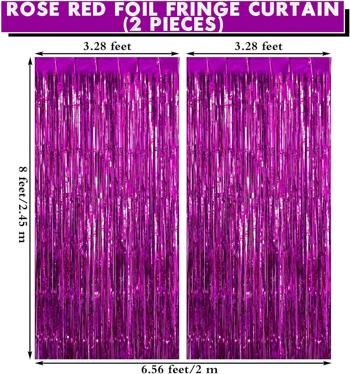 2 Pack Rose Red Fringe Curtains Foil Shiny Fringe Backdrop Tinsel Door Streamers Foil Curtains for