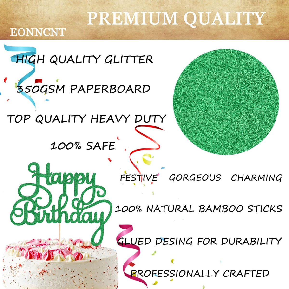 Happy Birthday Cake Topper - Green Glitter Birthday Party Cake Decoration Supplies - Happy Birthday