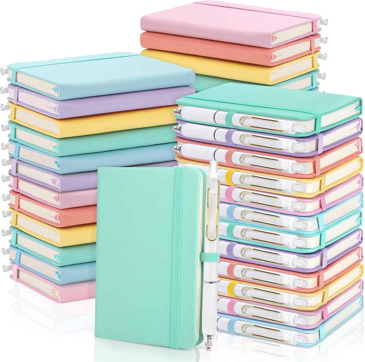 Aneco 50 Sets Pocket Notebook Journals with Pens, A6 Mini Hardcover PU Leather Lined Notebooks 3.5