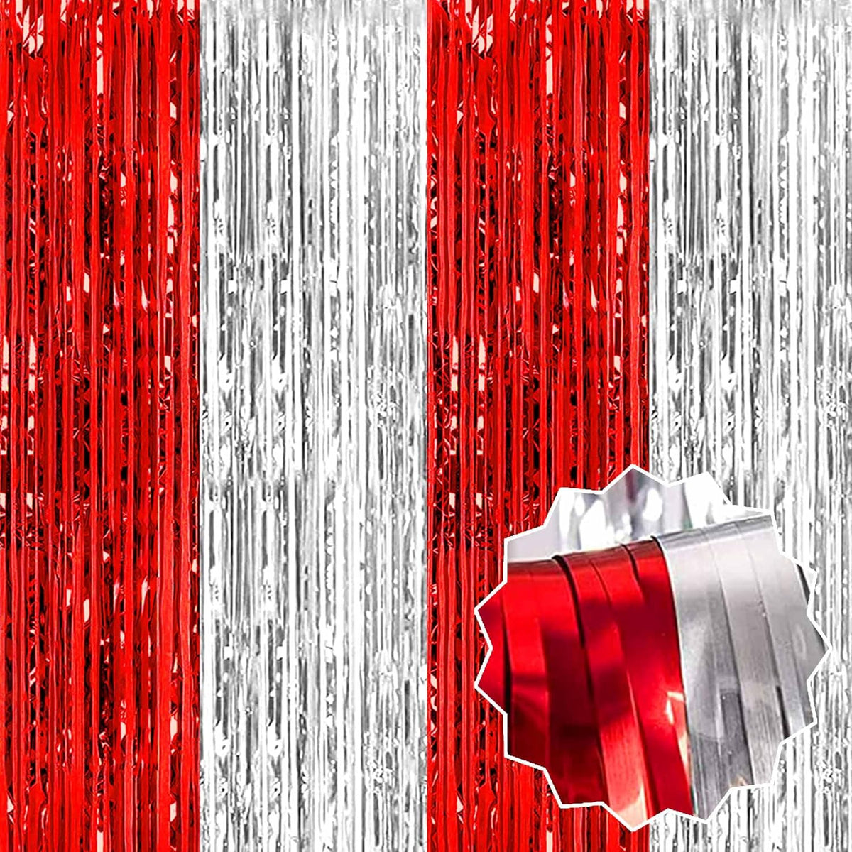 6 Pack Red and Silver Foil Fringe Curtains Backdrop, 3.28 x 8.2 Ft Metallic Streamers Tinsel