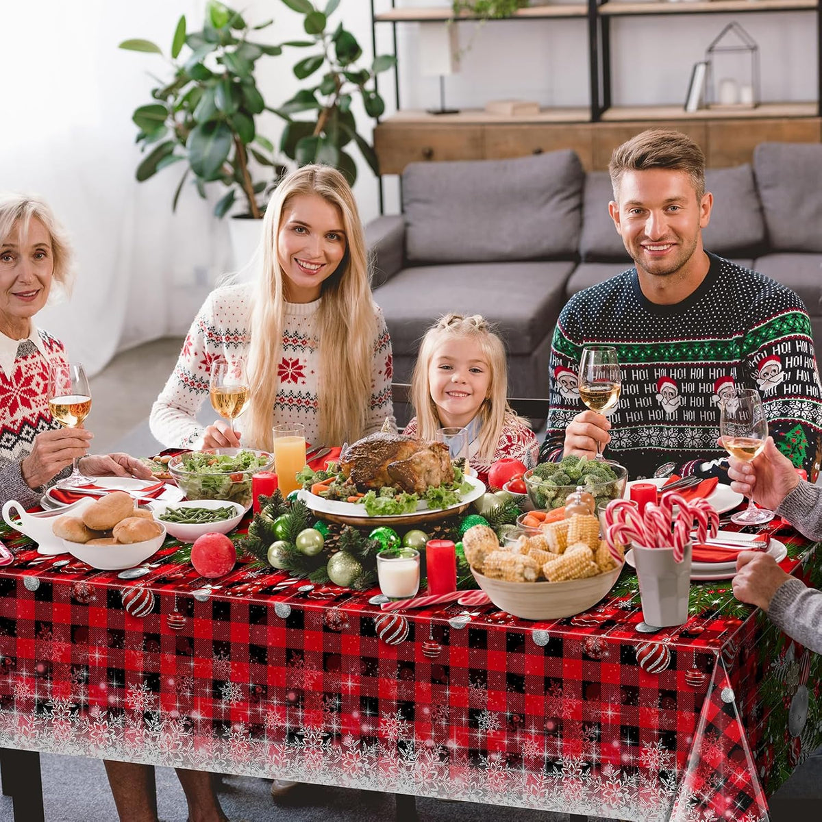 12Pcs Christmas Buffalo Plaid Snowflake Tablecloths,Plastic Red and Black Checkered Rectangle