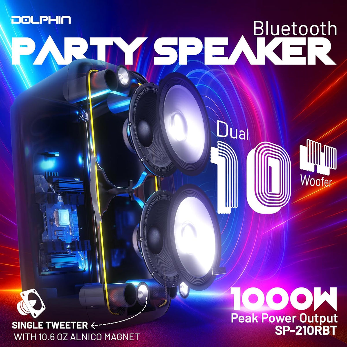 Dolphin 1000W Karaoke Party Speaker with 2 Wireless Microphones, Bluetooth, LED Lights, Tailgate