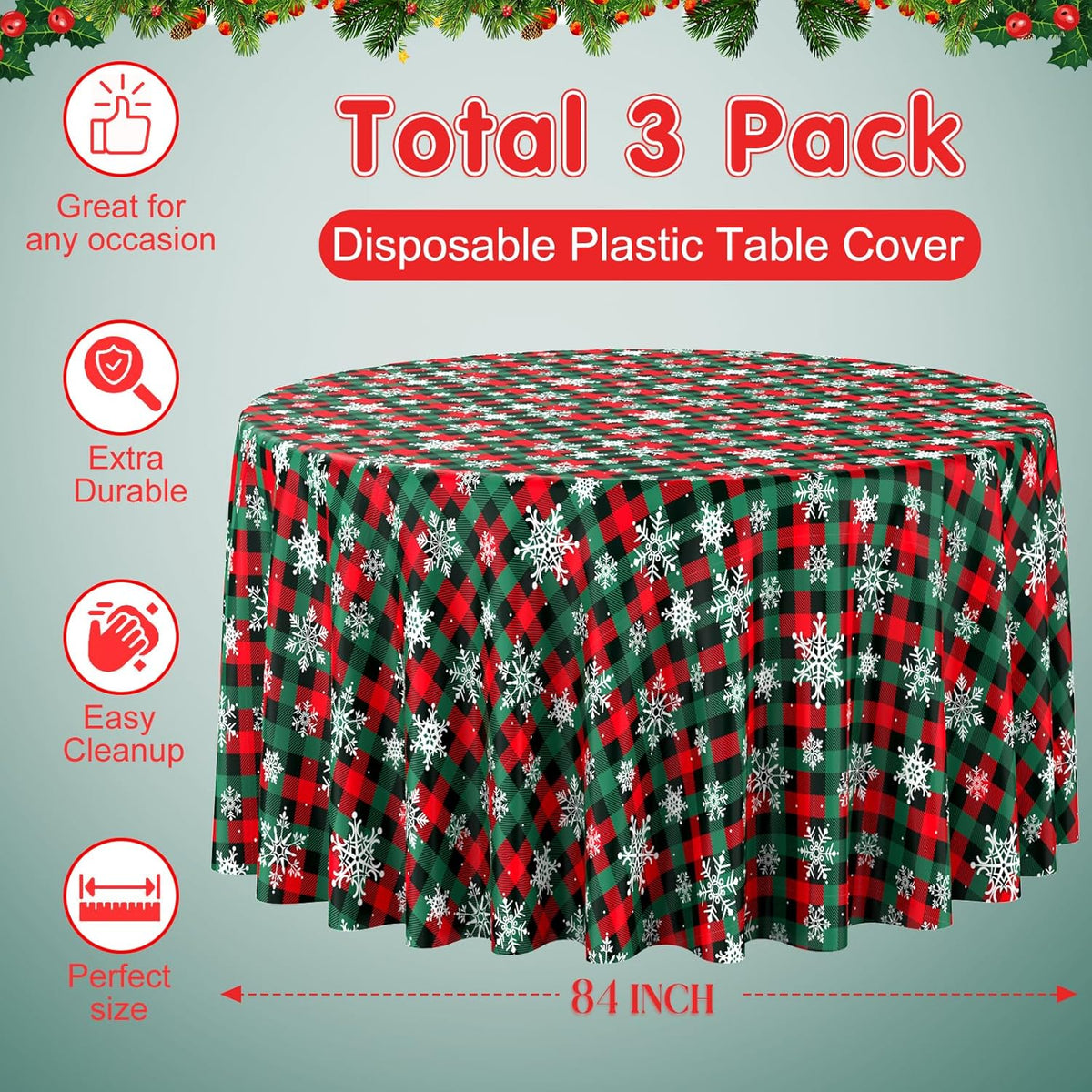 Jectivs 3Pcs Christmas Buffalo Plaid Snowflake Party Tablecloths Decorations,Plastic Red and Green