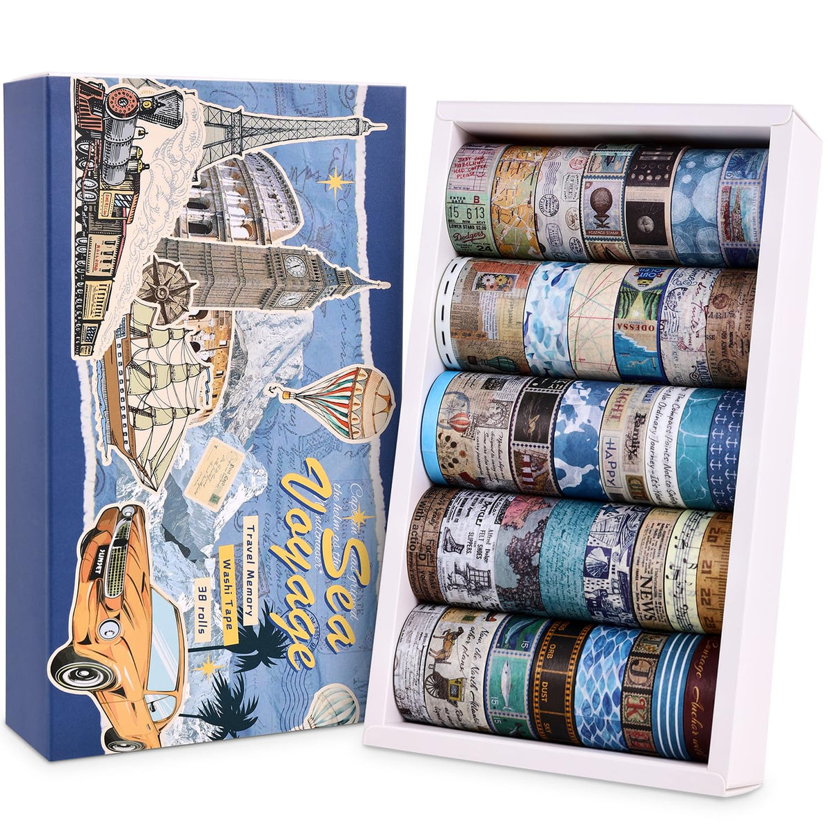 38 Rolls Vintage Washi Tape Set, Vintage Travel Stamp Map Scenery Art Letter Writable Decorative