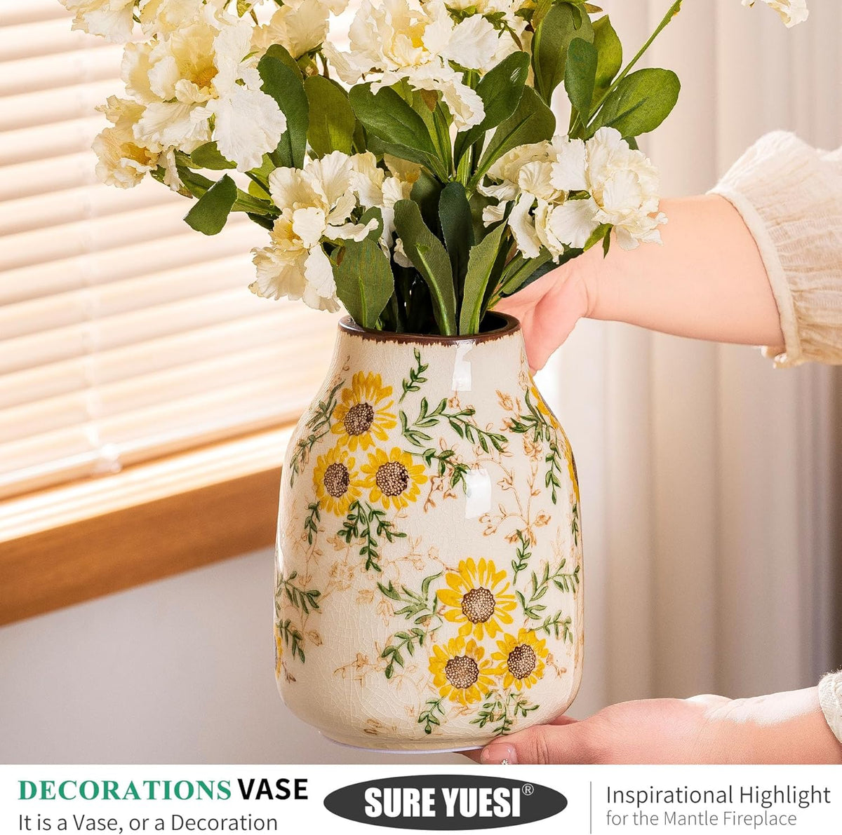 Sunflower Vintage Ceramic Yellow Floral Vase, Beige and Green Chinoiserie Home Decor for Fireplace
