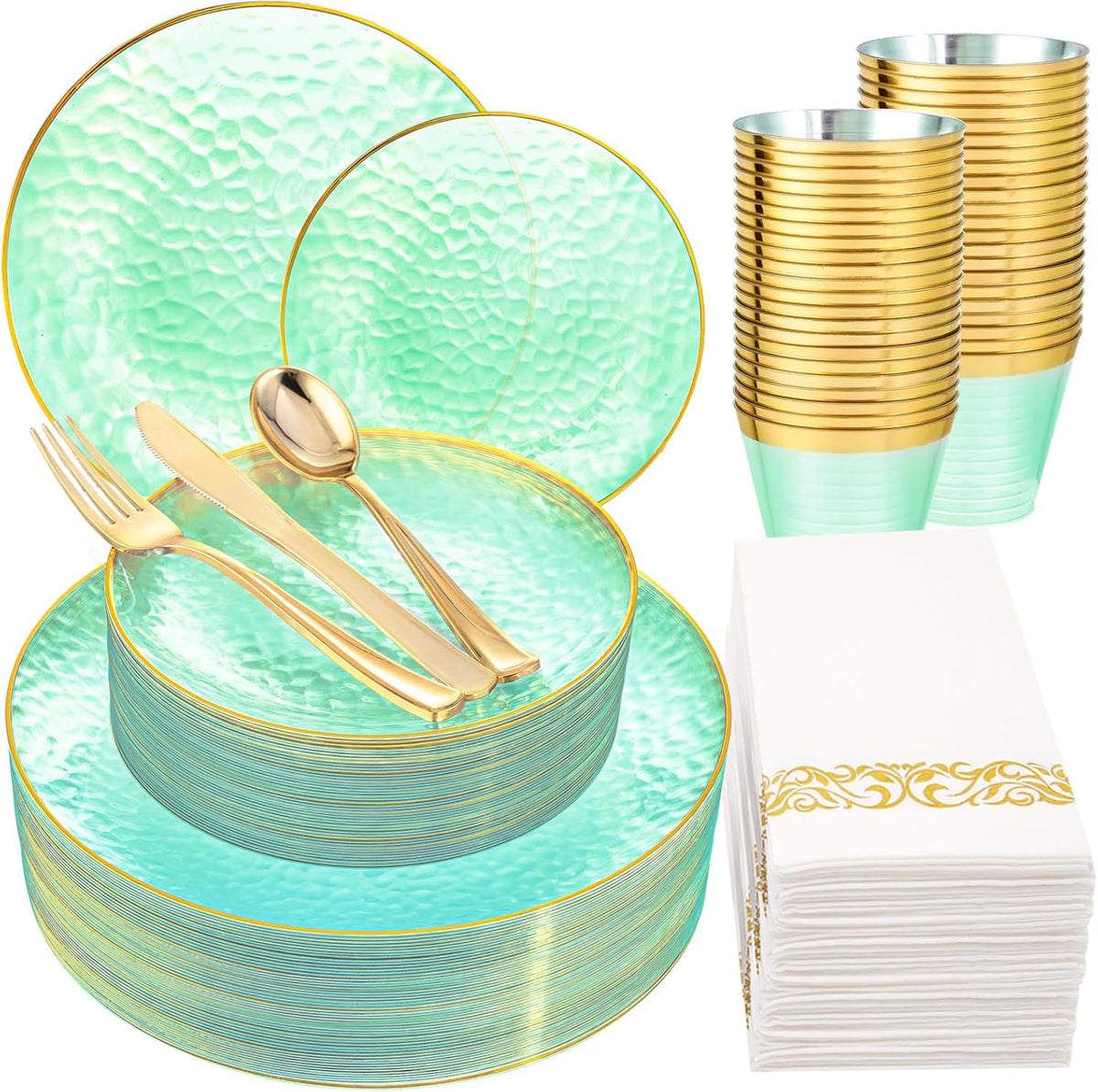 Rubtlamp 175 Pcs Green Plastic Plates Dinnerware Set (25 Guests), Hammered Plates Sets, Green