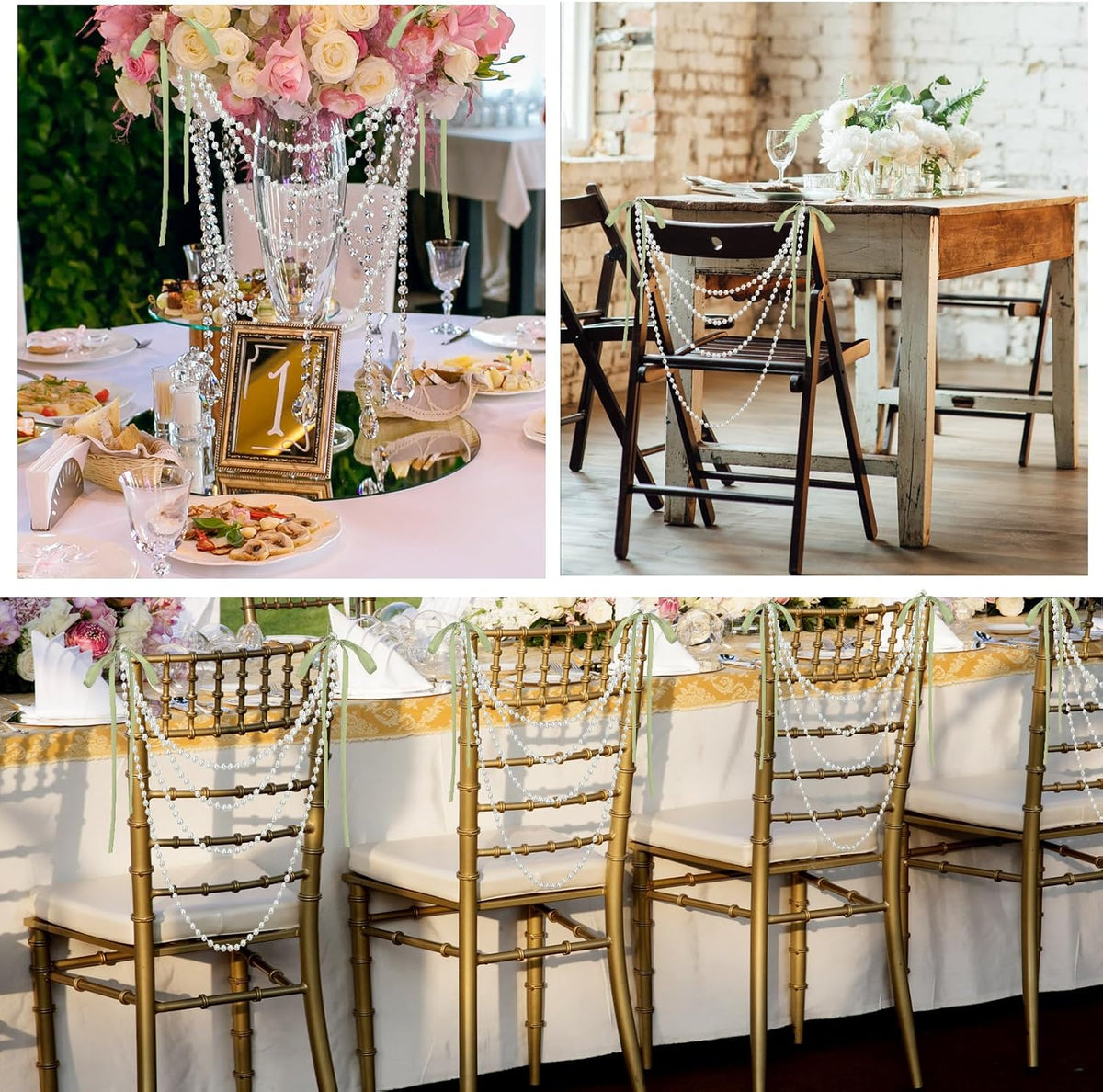 16 Pcs Wedding Pearl Bow Chair Decor Satin Ribbon Bows with Pearl Beaded String Garland Aisle Chair