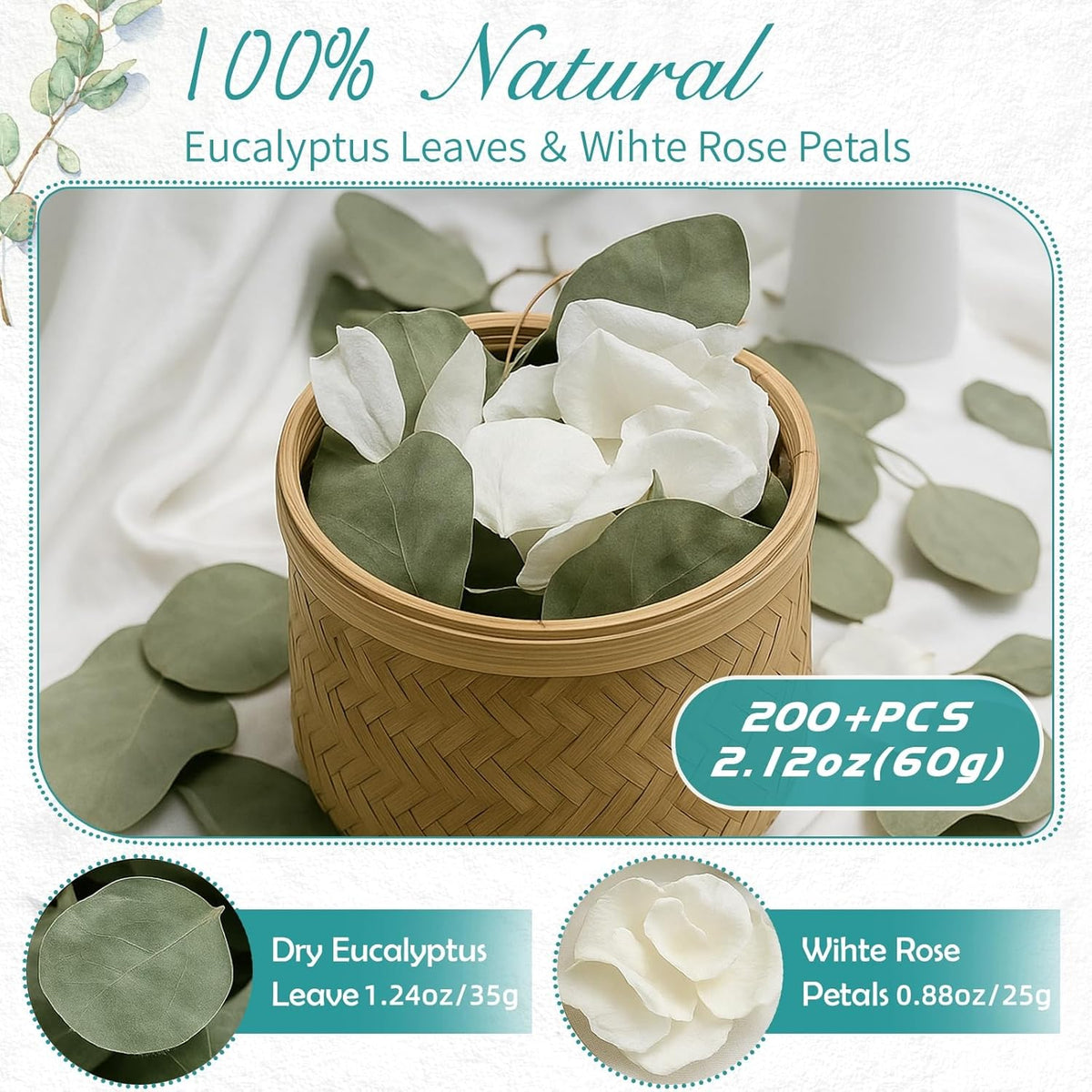Real White Rose Petals & Natural Eucalyptus Leaves 2.12oz, Freeze Dried Flower Petals Confetti for