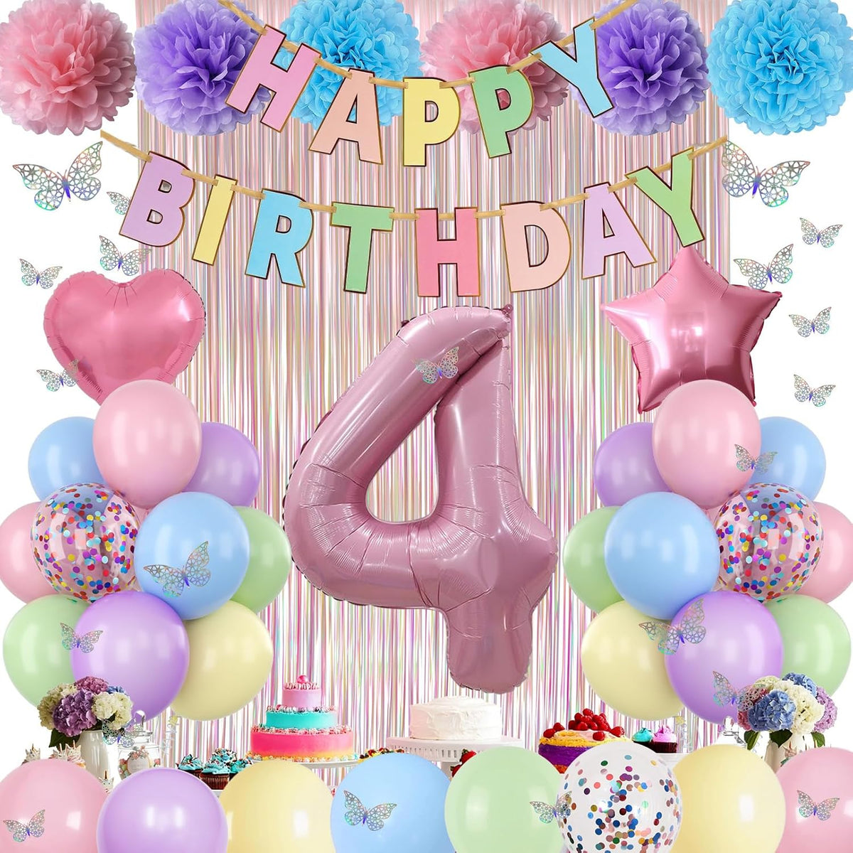 Pastel 4th Birthday Party Decorations for Girls Number 4 Balloon Happy Birthday Banner Butterfly