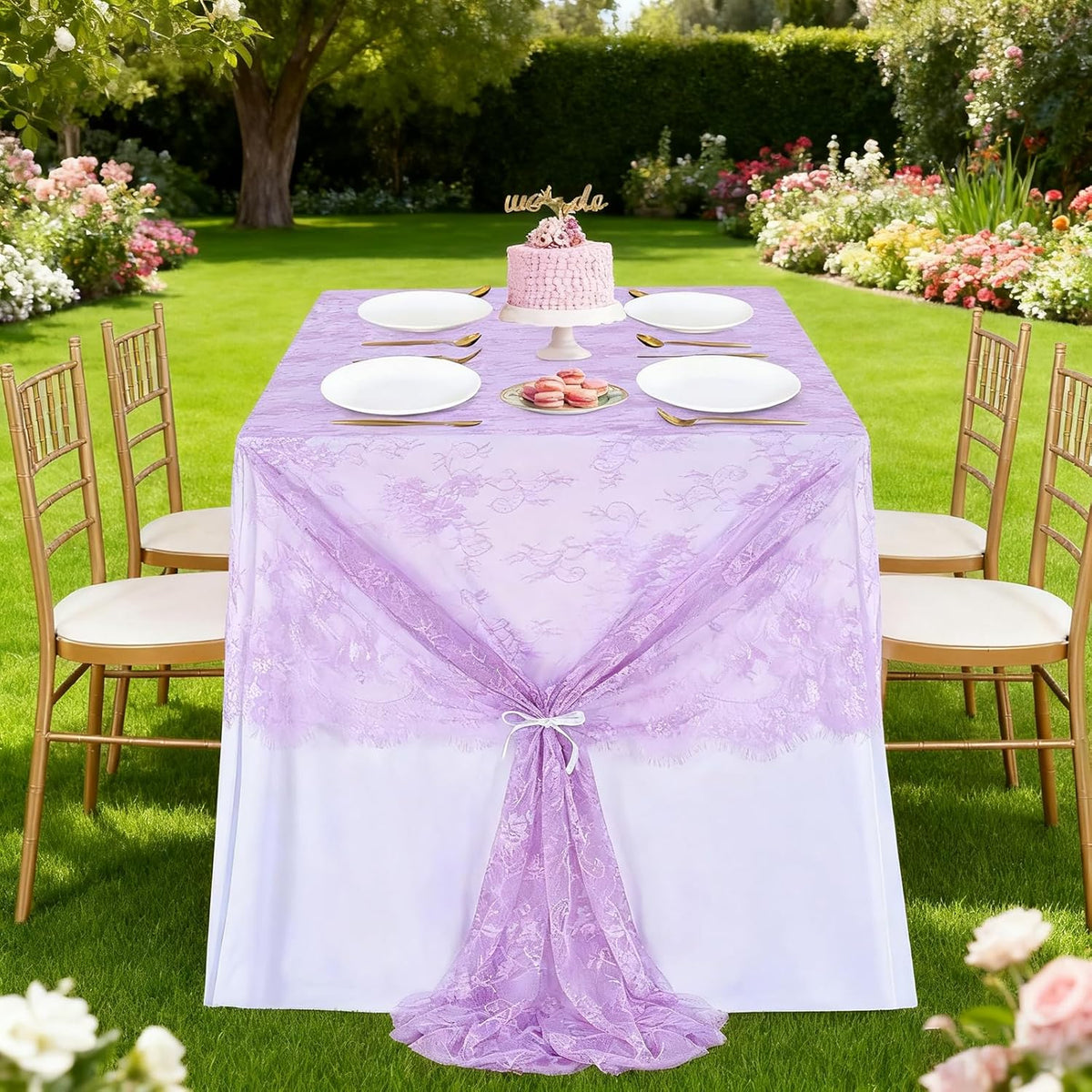 Light Purple Tablecloth Outdoor Lace Table Fabric 2pcs 60x120 Inch for Farmhouse Rustic Wedding