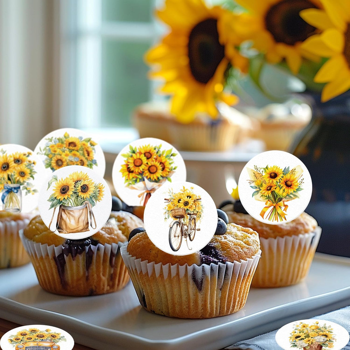 36 Pack Edible Sunflowers Cupcake Toppers Wafer Paper Floiwers Cupcake Picks Edible Yellow Sun