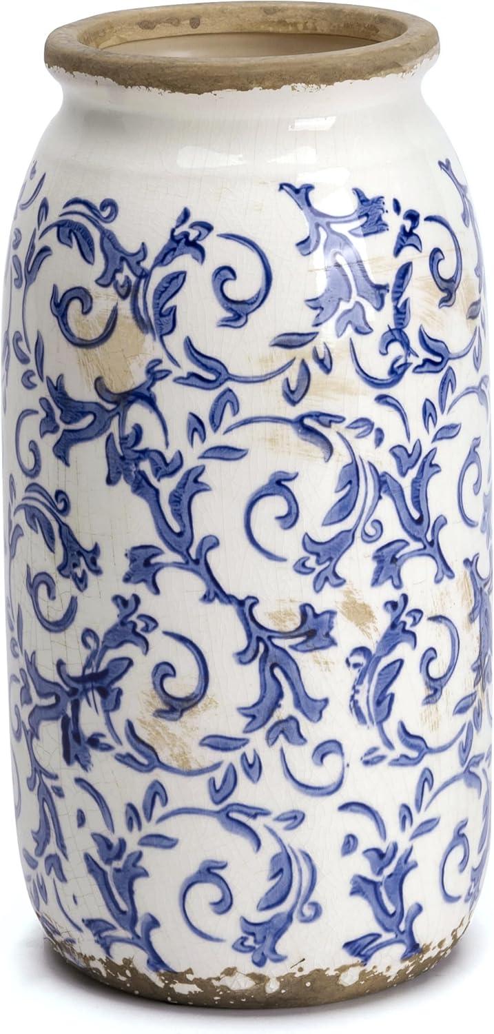 VICTOR & TERESA Rustic Blue and White Vase for Home Decor, Ceramic Vases for Flowers, Modern