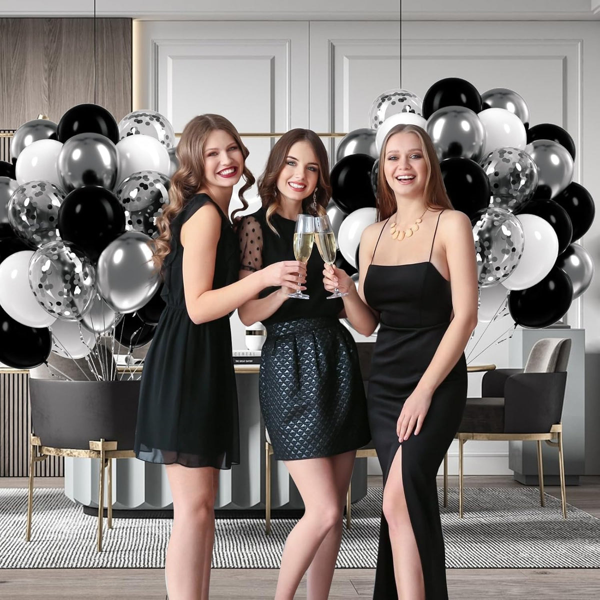 60pcs Black and Silver Balloons 12inch, Black and White Balloons with Metallic Silver Confetti