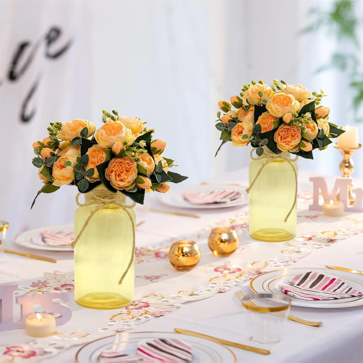 Vintage Glass Flower Vase，6 Pack Gold Amber Farmhouse Glass Centerpiece Vases Mason Jars for