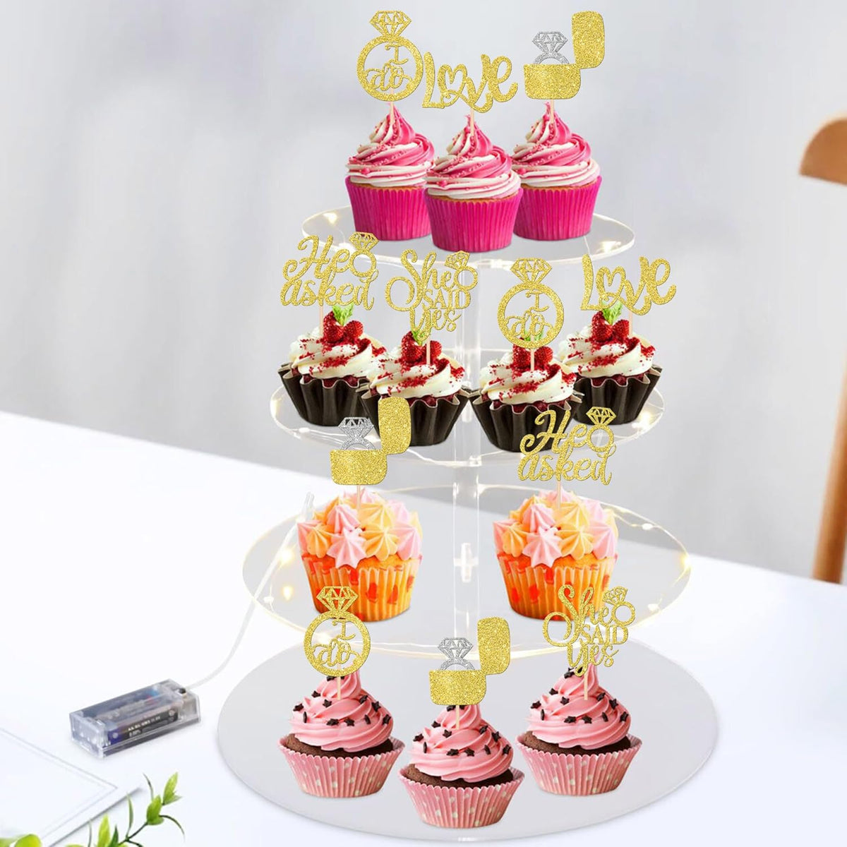 30 PCS He Asked She Said Yes Cupcake Toppers Love I Do Diamond Ring Cupcake Picks for Wedding