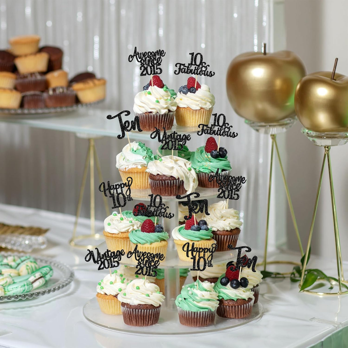 30Pcs Happy 10th Birthday Cupcake Toppers Glitter Ten Vintage 2015 Cupcake Picks Cheers to 10
