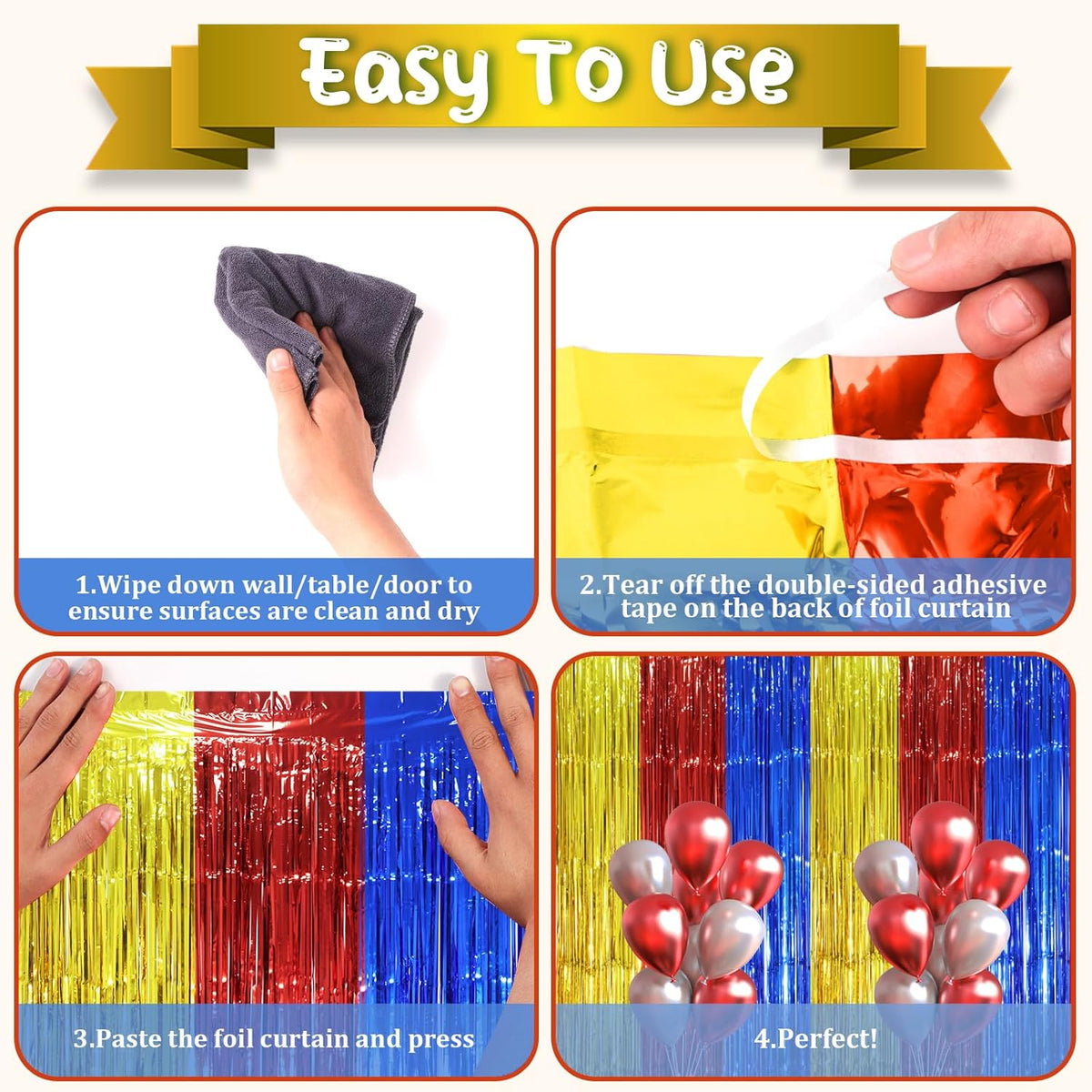 2 Pack Blue Red Gold Foil Fringe Backdrop Curtains, Tinsel Streamers Party Decorations, Fringe