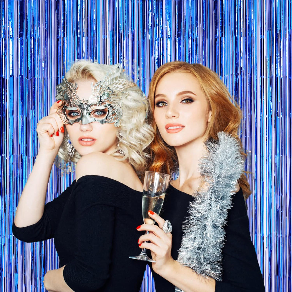 2 Pack Blue Foil Fringe Backdrop Curtains, Tinsel Streamers Party Decorations, Fringe Backdrop for