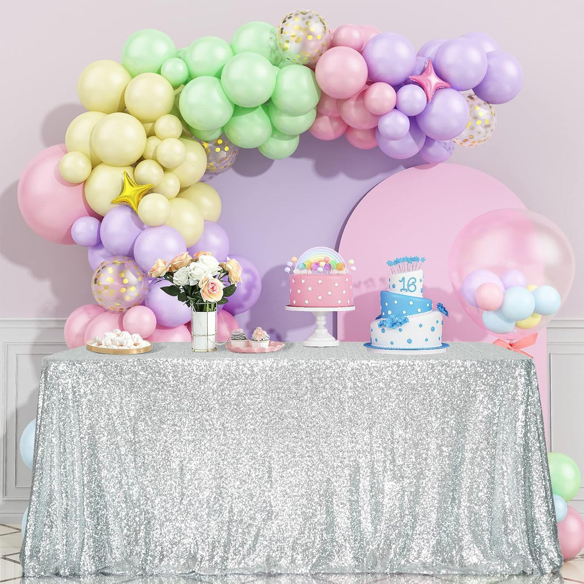 SquarePie Sequin Tablecloth 60 x 120 Inch Silver Reflect Lights Bling Sparkly Table Cloth for