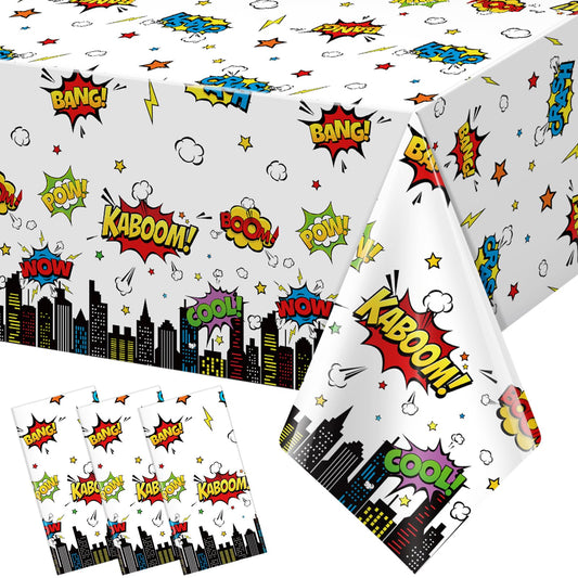 3Pcs Hero Themed Birthday Party Tablecloths Decorations,White Cityscape Super Bang Plastic Table