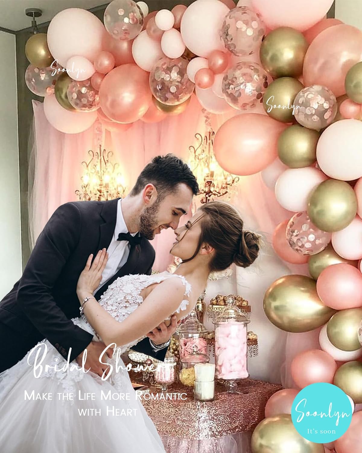Soonlyn Rose Gold Balloons - 140 Pack, 12 Inch Gold & Pink, Pink Confetti, Arch Kit for Bridal &