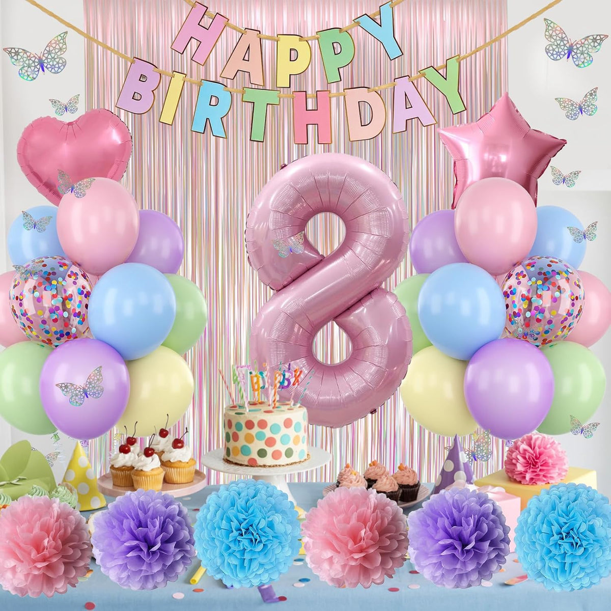 Pastel 8th Birthday Party Decorations for Girls Number 8 Balloon Happy Birthday Banner Butterfly
