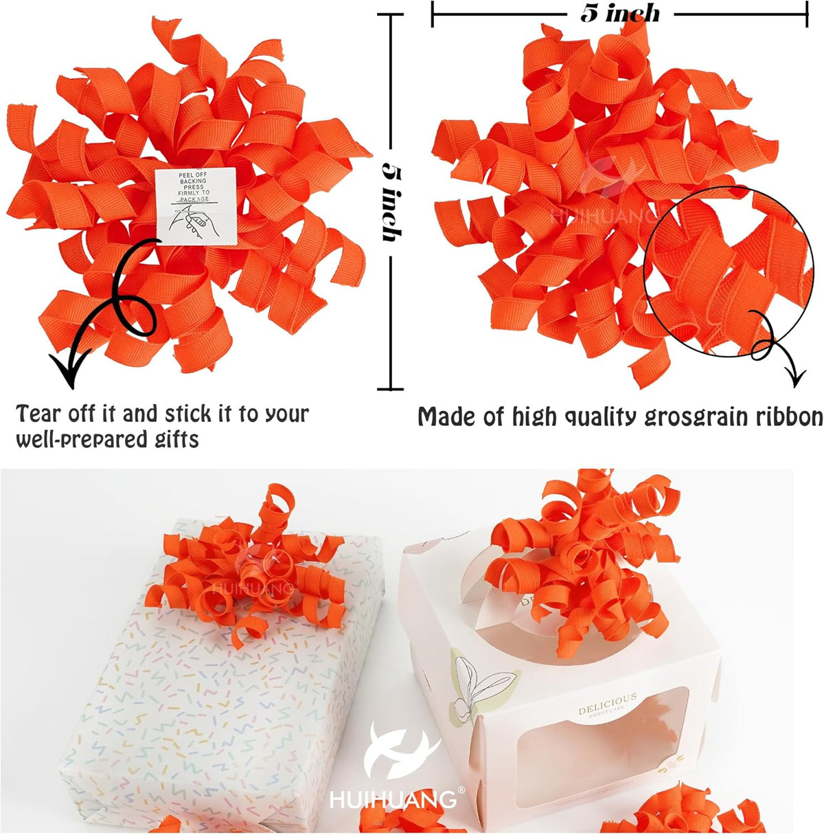HUIHUANG Curly Ribbon Bows for Gift Wrapping, Orange Gift Bows Self Adhesive Burst Gift Bows for