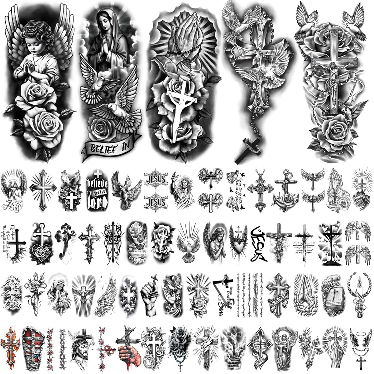 77 Sheets Christian Temporary Tattoo Adult, Religious Jesus Christ Cross Angels God Half Arm Fake