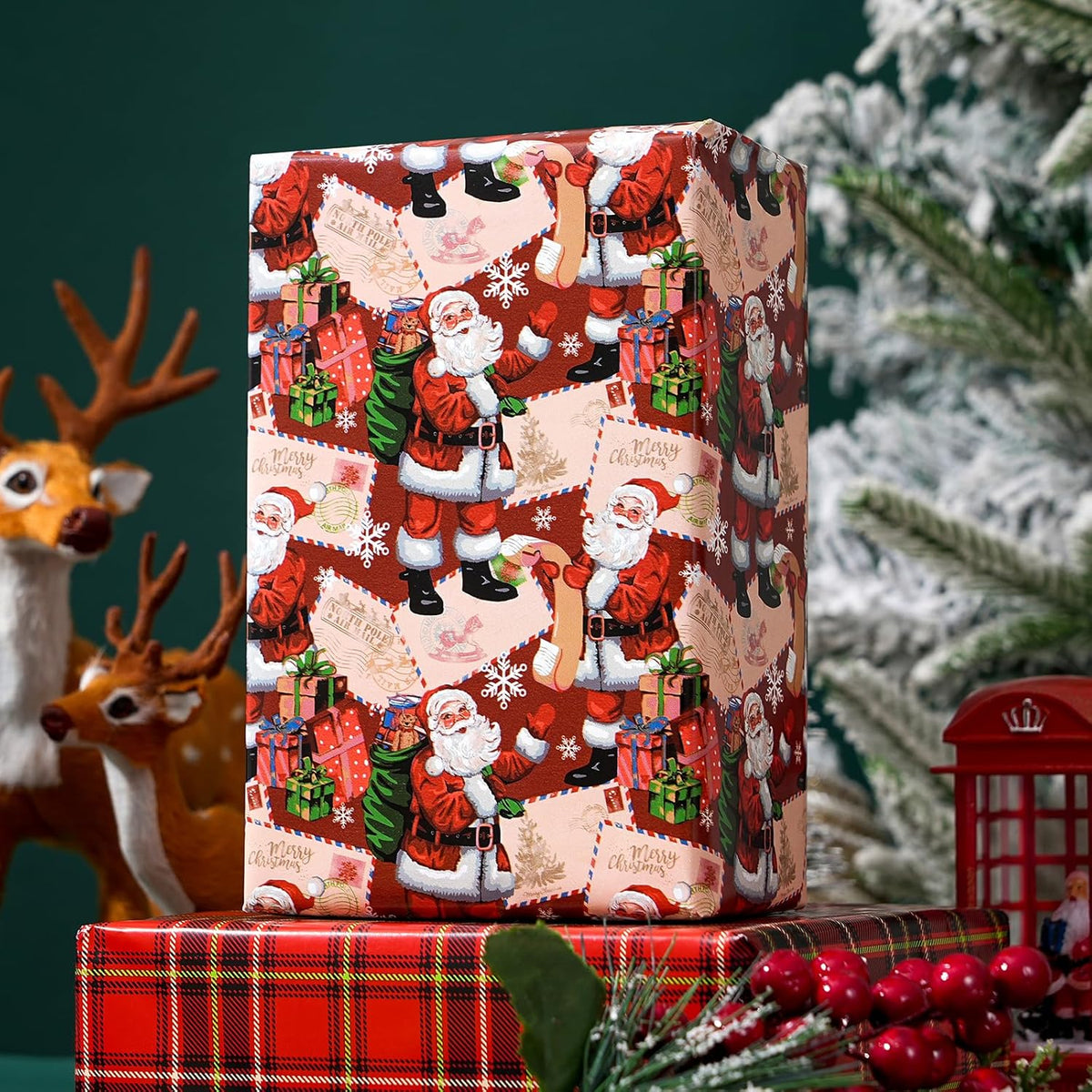 Ulmasinn Reversible Christmas Wrapping Paper Roll - 17" x33ft Double-Sided Designs with Santa and