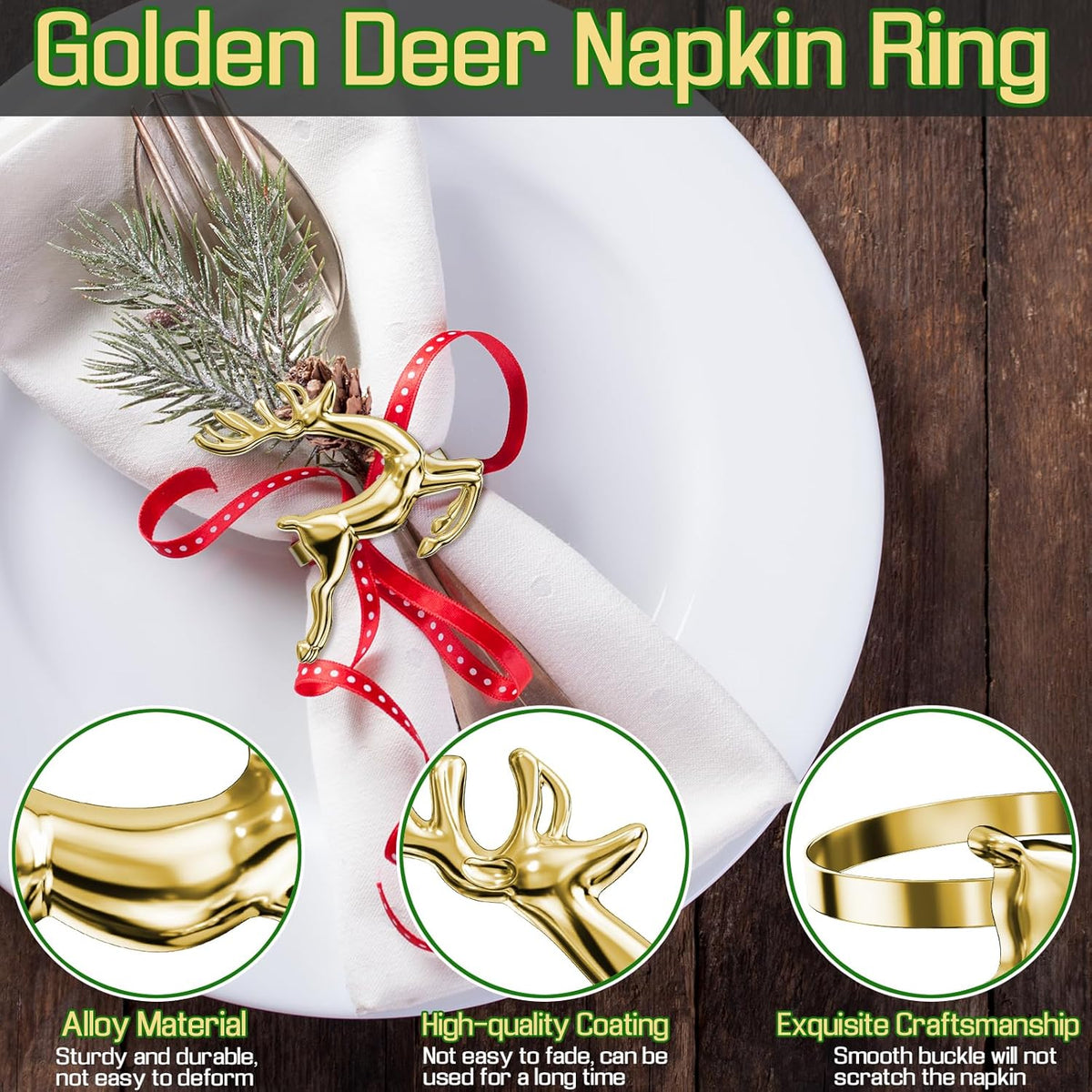 ZeeDix Gold Reindeer Christmas Napkin Rings Set of 8, Napkin Holder Ring for Christmas Dinner Table