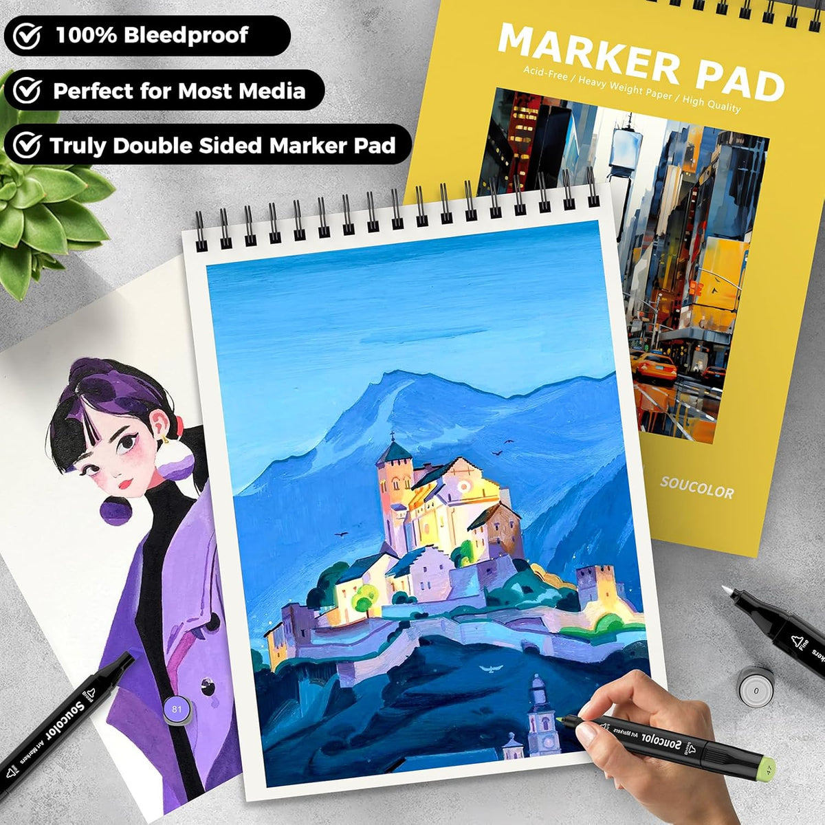 Soucolor 100 Sheets Marker Paper Pad, 9"x12" Bleedproof Art Sketch Pad, 73lb/120gsm Drawing Paper