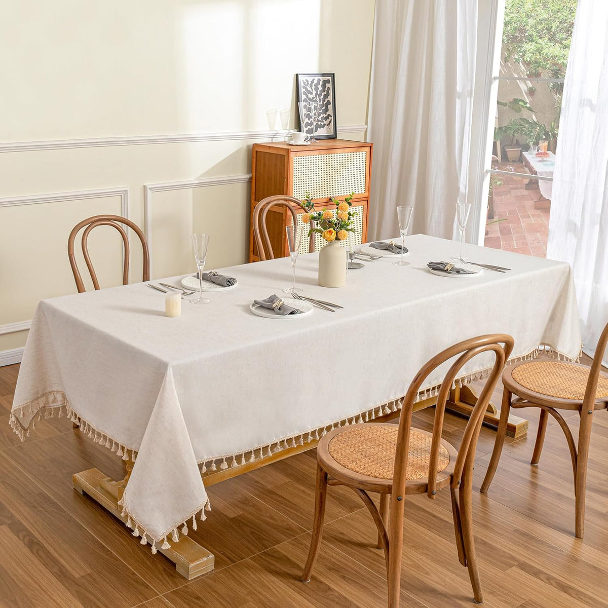 MYSKY HOME Table Cloth 60x102 in Rectangle, Cotton Tassel Linen Look Waterproof, Wrinkle Free Table