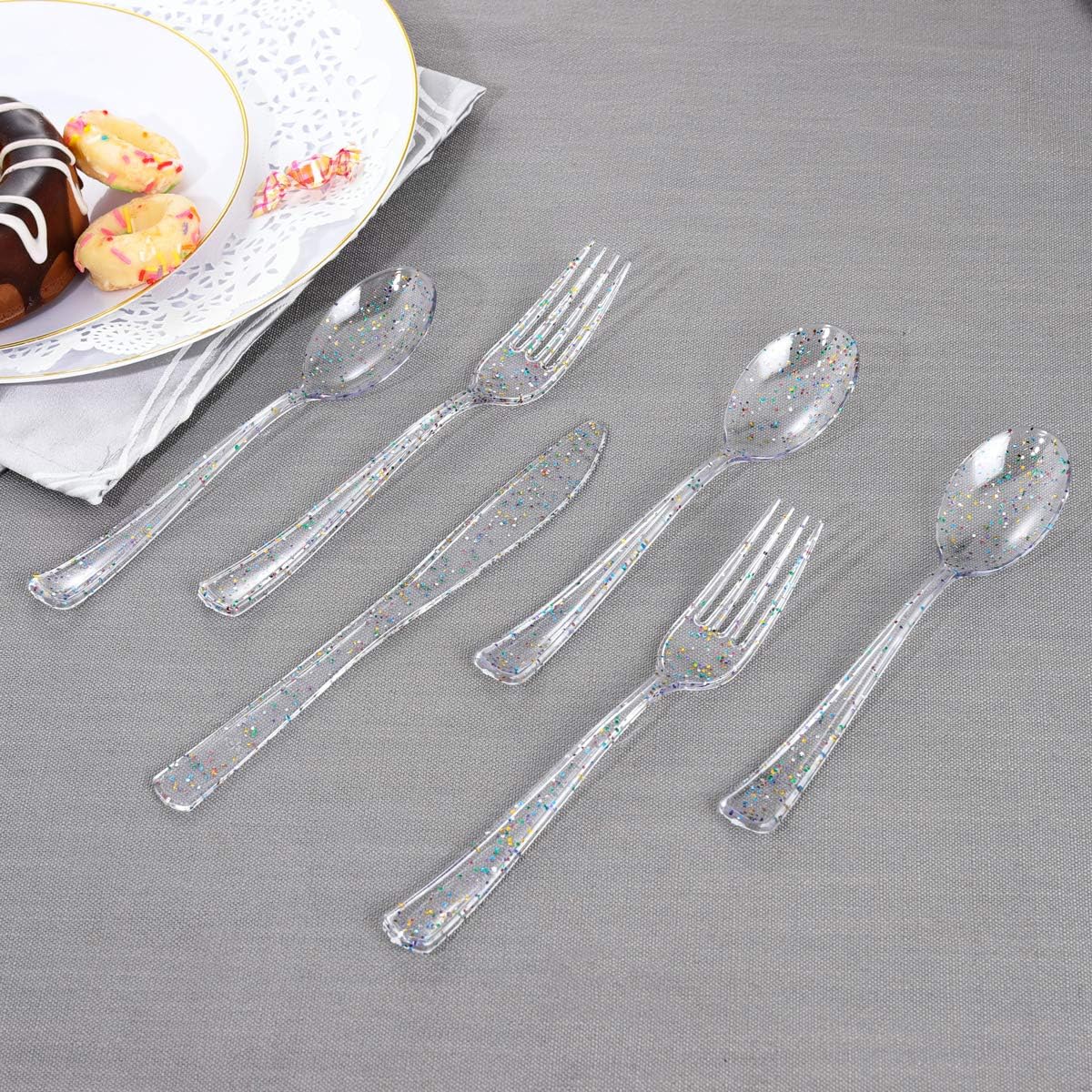 Supernal 360pcs Clear Plastic Silverware, Glitter Disposable Cutlery with Colorful Design,120