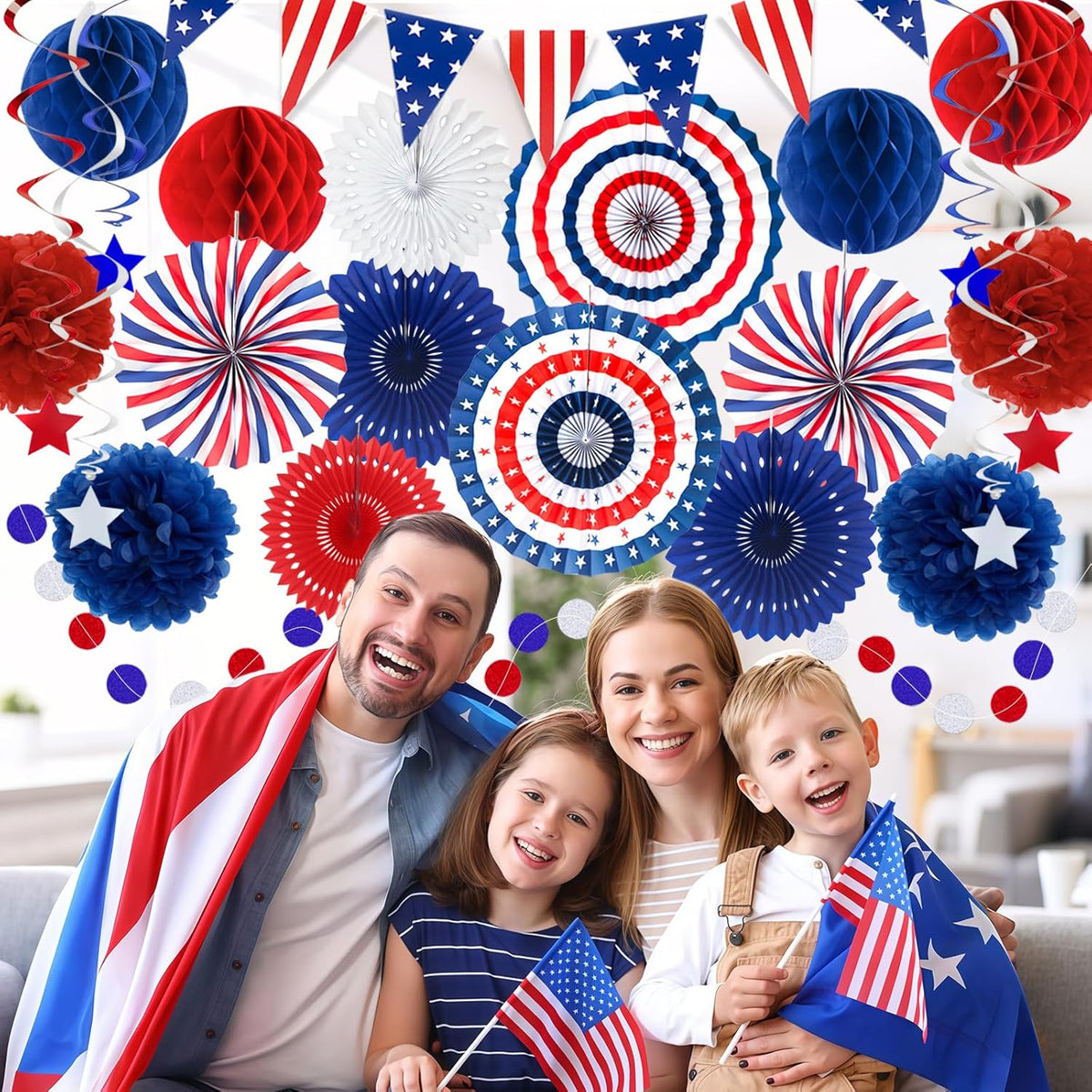 24PCS Patriotic Decorations 4th of July Decorations Set Red White Blue Hanging Paper Fans USA Flag