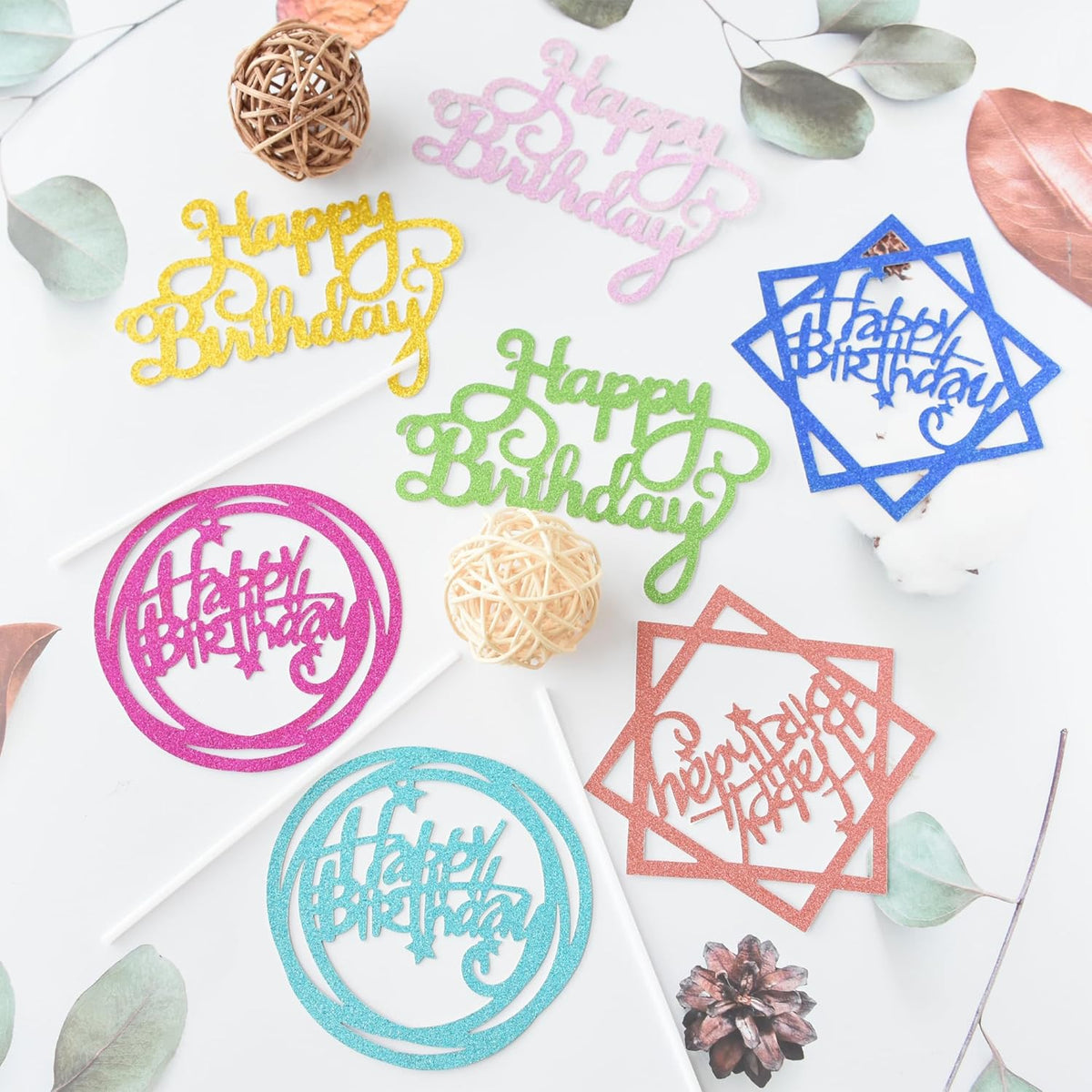 24 Pack Multi Colors Birthday Cake Topper Set, Glitter Cake Bunting Decor Birthday Cake Picks Party