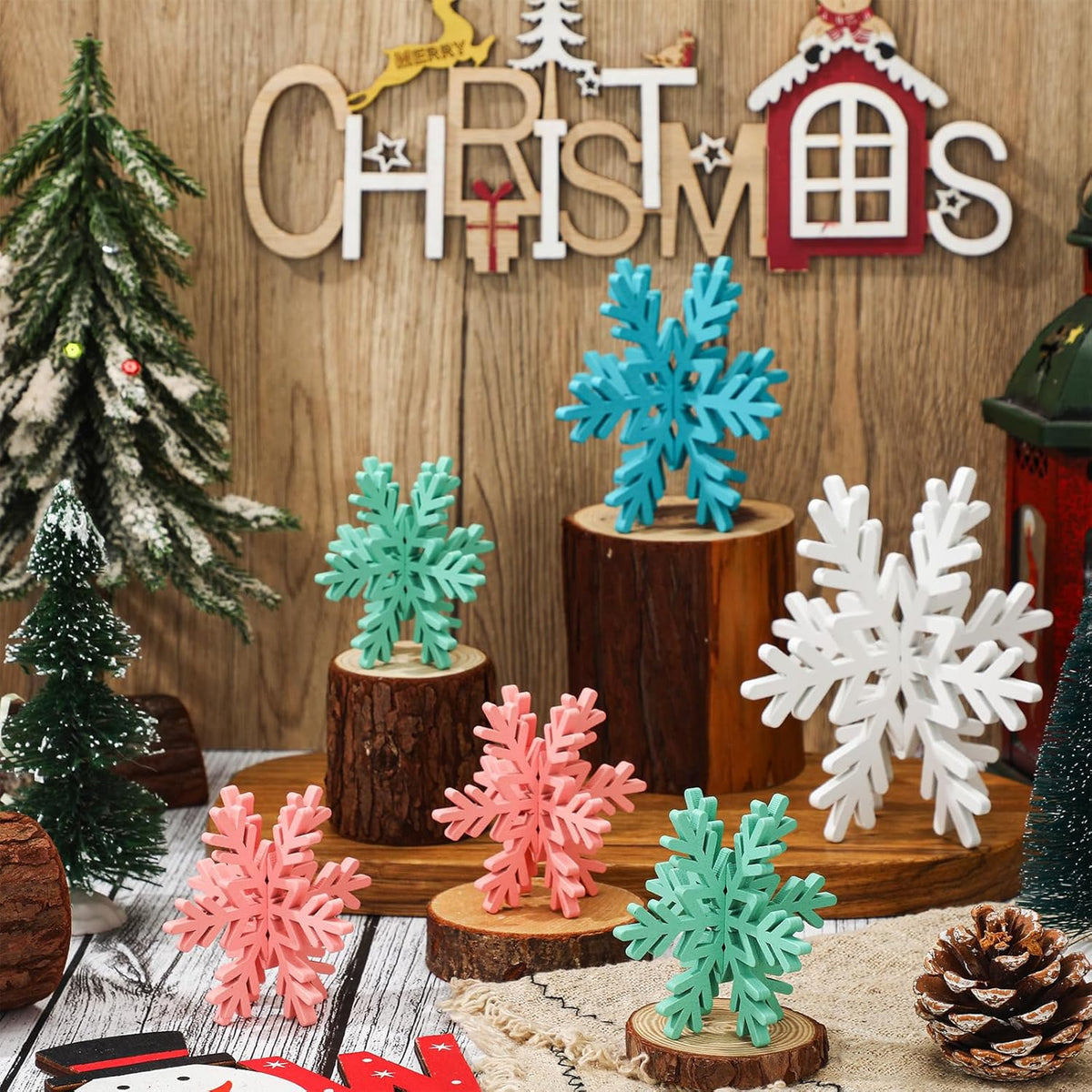 Bucherry 12 Pcs Wooden Snowflake Table Decor 3D Snowflake Tabletop Signs and Centerpiece for