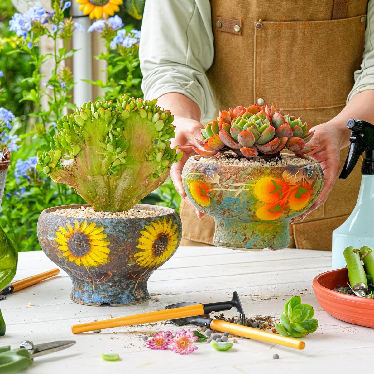Sungmor Small Succulent Planters Set of 2, Beautiful Hand Crafted Ceramic Plant Pots Cute Cactus