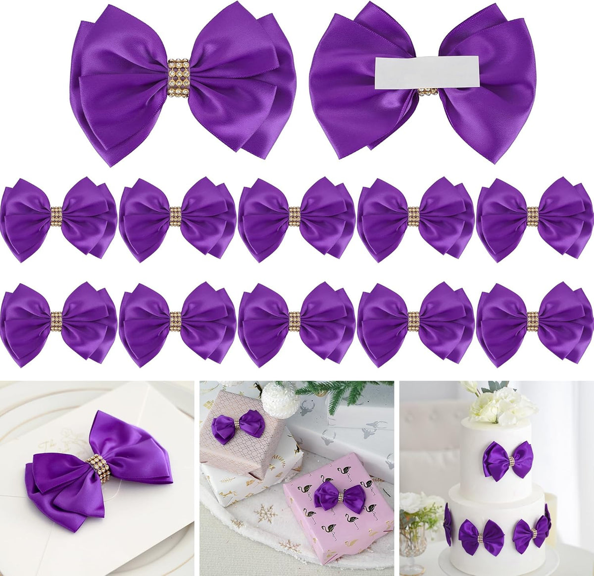 Purple Ribbon Bow 4'' Premade Satin Bow, Purple Gift Bows with Rhinestone, Wrapping Bows for