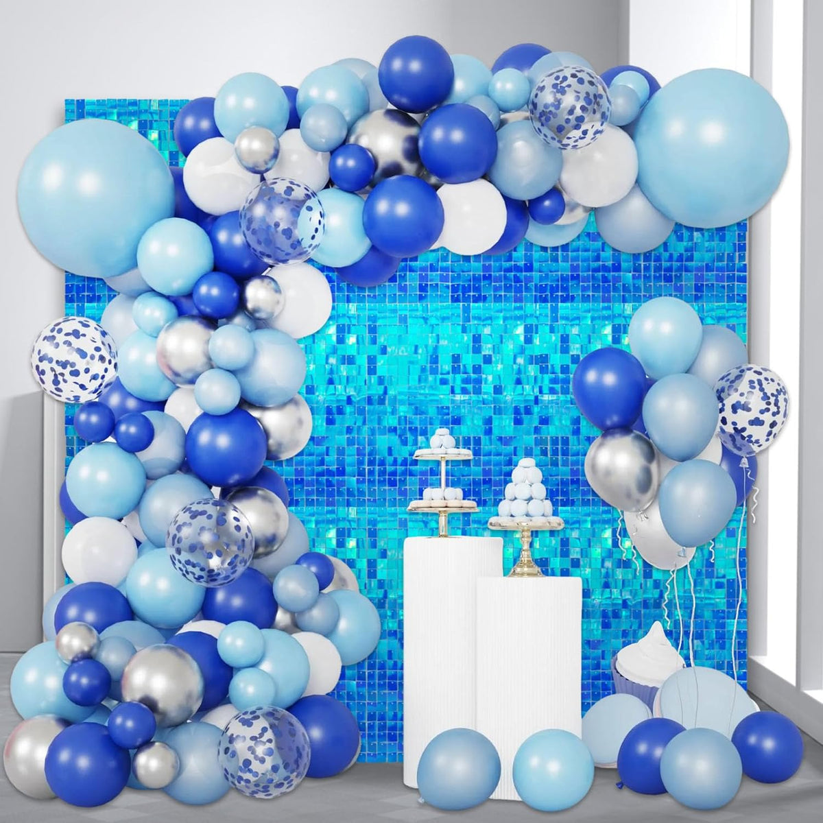 24PCS Colorful Lake Blue Shimmer Wall Backdrop, Square Sequin Photo Backdrops Panel, Glitter Wall