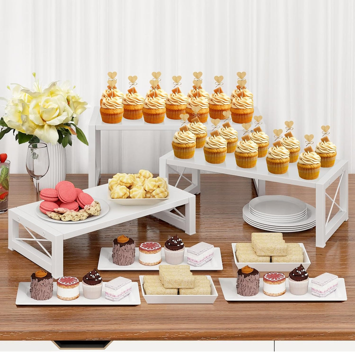 ELITEROO White 3-Tier Cupcake Stand & Wooden Display Riser, Dessert Stand for Cupcakes, Food